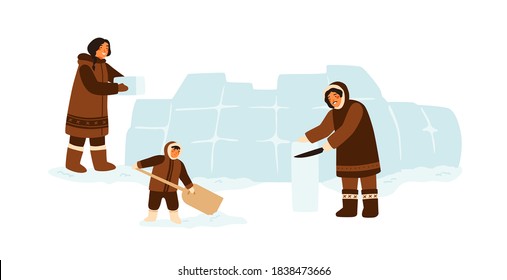 Familia esquimal construyendo iglú con cubos de hielo juntos. Personas inuit en la casa tradicional de construcción de ropa. Ilustración de dibujos animados vectoriales planos aislados en fondo blanco