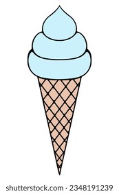 Eskimo in a waffle cone. Blue ice cream with three layers. Color vector illustration. Isolated background. Cartoon style. Sweet refreshing dessert. Idea for menu, web design.