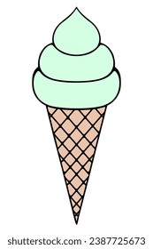 Eskimo in a waffle cone. Green ice cream with three layers. Color vector illustration. Isolated background. Cartoon style. Sweet refreshing dessert. Idea for menu, web design.