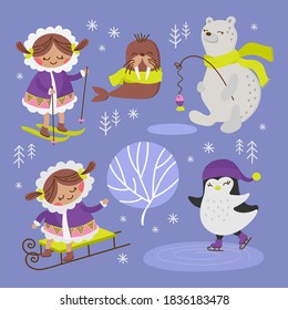 ESKIMO WALRUS Alaska Winter Cartoon Comic Funny Animal Flat Design Holiday Hand Drawn Vector Illustration Set For Print