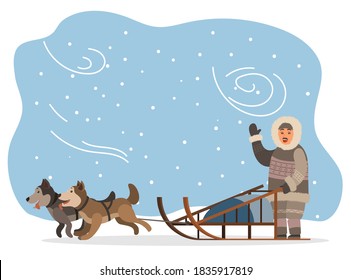 Eskimo wearing fur clothes and sleigh with husky dogs vector. Man hunter character waving hand, snow landscape with puppies and blizzard. Arctic expedition, riding sledge, frozen tundra illustration