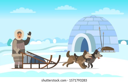 Eskimo wearing fur clothes standing near sleigh with husky. Man hunter character waving hand near igloo house on snowy landscape with dogs. Arctic expeditions and discoveries North pole vector