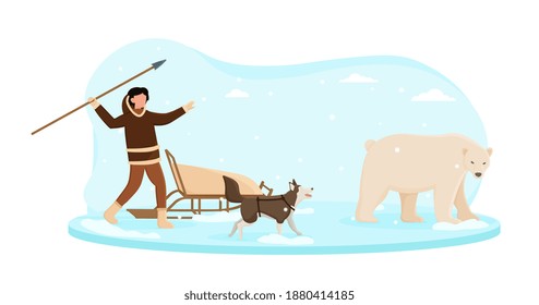 Eskimo wearing traditional clothes hunting on white bear with a spare. Alaska man sneaking behind bear trying to throw a spare. Flat cartoon vector illustration