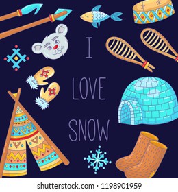 Eskimo winter icons doodle banner colorful vector