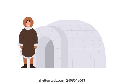 Eskimo woman cartoon character wearing traditional clothes standing nearby ice snow yurt house