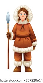 Eskimo woman character holding a spear, wearing traditional fur outfit. Vector cartoon illustration