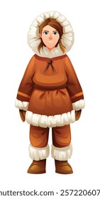 Eskimo woman character in traditional fur outfit. Vector cartoon illustration