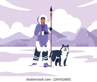 Eskimo woman with dog. Character in warm clothes with spear on background of snow, traditions and culture, ethnicity and people. Girl in Antarctica, weather cold. Cartoon flat vector illustration