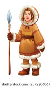 Eskimo woman holding a spear, wearing traditional fur outfit. Vector cartoon character illustration