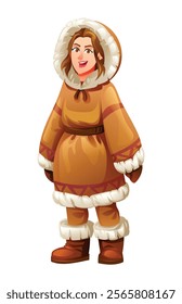 Eskimo woman in traditional fur outfit. Vector cartoon character illustration