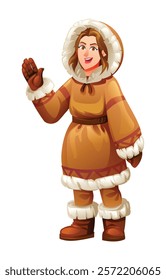 Eskimo woman waving in a cheerful pose, wearing traditional fur outfit. Vector cartoon character illustration