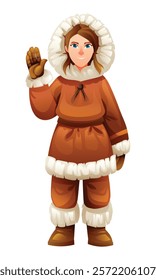 Eskimo woman waving hand in a cheerful pose, wearing traditional fur outfit. Vector cartoon character illustration