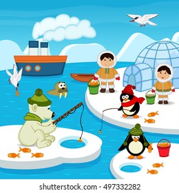 Eskimos and animals catch fish - vector illustration, eps
