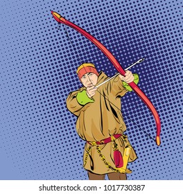 Eskimos with bow. Inuit, Chukchi man character in traditional costume standing with bow and arrow, northern people, life in the far north