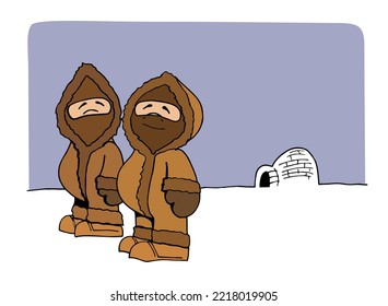 Eskimos characters wearing traditional clothes standing on the snow with an igloo at the background. Colourful cartoon style vector illustration.