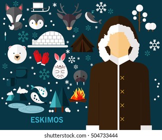 Eskimos concept background. Flat icons.