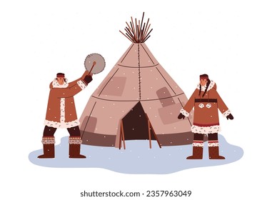 Eskimos couple dancing with tambourine near igloo ice dwelling, cartoon flat vector illustration isolated on white background. Life and culture of the Eskimos.