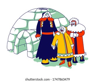 Eskimos Family Characters in Traditional Warm Clothing Stand front of Igloo made of Ice Pieces. Life in Far North. Inuit Esquimau Father, Mother and Child Standing Outdoors. Linear Vector Illustration