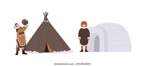 Eskimos family home set with happy woman cartoon characters standing nearby wigwam and igloo yurt