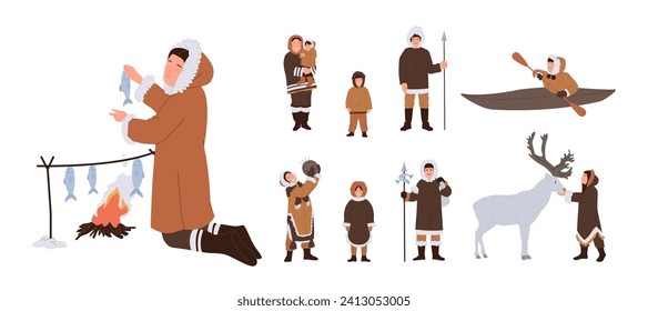 Eskimos family with parents and kids in traditional outwear, ethnic people cartoon characters set