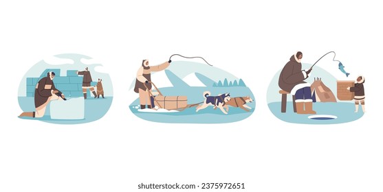 Eskimos, Or Inuit People, Live In The Arctic, Relying On Ice Fishing, Hunting, And Communal Living, Riding Dogs Sled svg