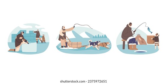 Eskimos, Or Inuit People, Live In The Arctic, Relying On Ice Fishing, Hunting, And Communal Living, Riding Dogs Sled