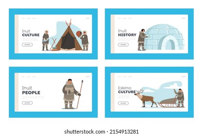 Eskimos Life Landing Page Template Set. Inuit Characters Holding Spear, Building Igloo, Riding Sled, Cooking Fish and Play Tambourine. North Pole Esquimau People. Cartoon Vector Illustration