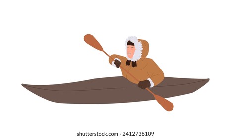 Eskimos man cartoon character in native clothes kayaking, floating on wooden boat with paddles