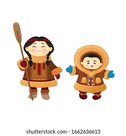 Eskimos in national clothes funny Chukchi cute girl in warm winter fluffy clothes with a paddle from a boat, her little brother isolated on white background eps 10 Indians children, Mongolian family