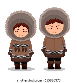 Eskimos in national clothes. Man and woman in traditional costume. People. Vector flat illustration.