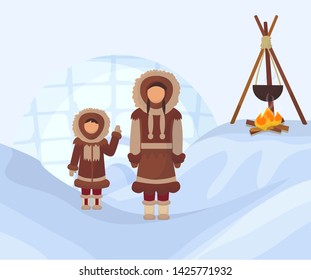 Eskimos in national clothes. Woman and child in traditional north pole costumes. Alaska people with cauldron on fire place and ice and snow background. Vector flat illustration.