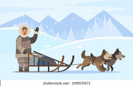 Eskimos on sledges with husky dogs traveling through empty forests and woods covered with snow. Arctic person wearing warm clothes. Landscape with mountains and trees nature, vector in flat style