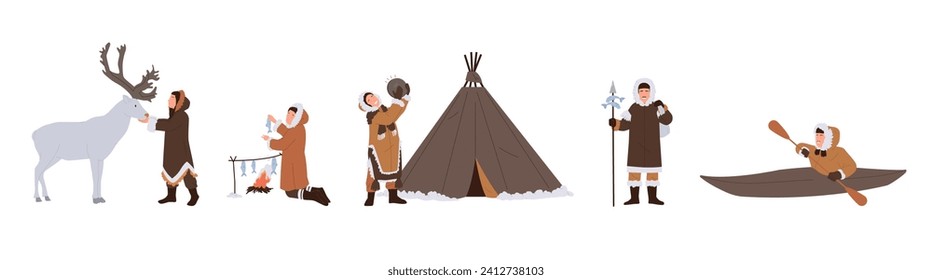 Eskimos people lifestyle isolated set with man and woman wearing traditional clothes daily activity