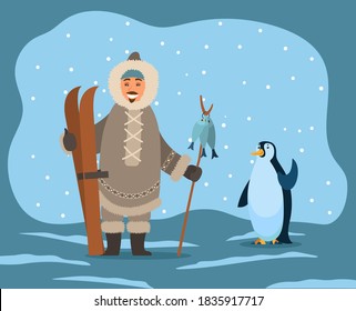 Eskimos wearing warm coat and clothes protection from frost and cold of winters. Inuit with skiing equipment and fish on stick. Penguin waving wing. Polar landscape with snowing weather vector