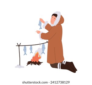 Eskimos woman cartoon character cooking fish on camping fire for dinner isolated on white background