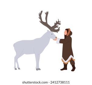 Eskimos woman cartoon character wearing traditional clothing feeding loving reindeer northern animal