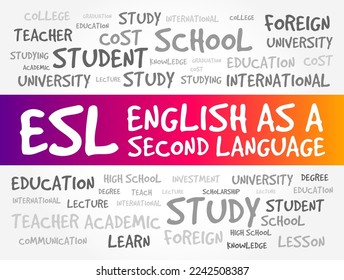 ESL - English as a Second Language acronym, word cloud text concept for presentations and reports