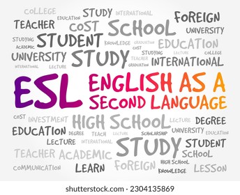 ESL - El inglés como acrónimo en segundo idioma, concepto de texto en nube para presentaciones e informes