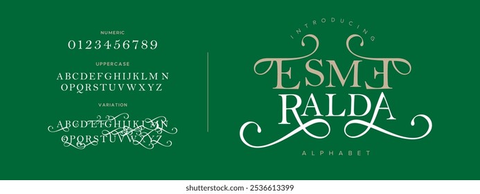 Esmeralda tipografia beleza moda elegante minimalista serif italic fontes decorativo casamento vintage retro logos. Logotipo de fonte de luxo mínimo alfabeto. Ilustração vetorial