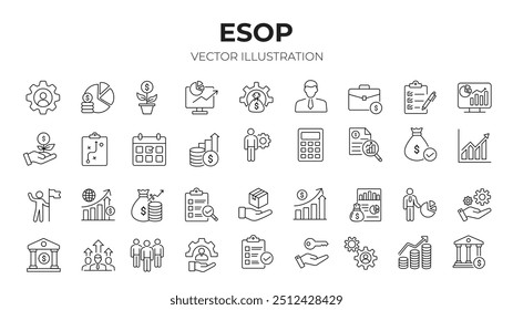 ESOP editable stroke outline Icons set. Employee, stock, ownership, plan, management, fund, statistics, bank and investment. Vector illustrations