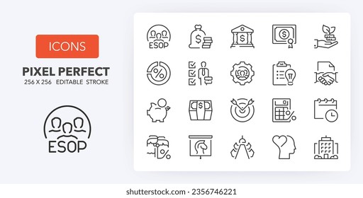 ESOP, Employee Stock Ownership Plan, business concept thin line icon set. Outline symbol collection. Editable vector stroke. 256x256 Pixel Perfect scalable to 128px, 64px...