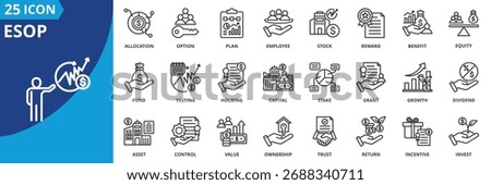 esop icon set collection in outline style. icon pack contain ownership, shares, equity, stock, plan, option, benefit, allocation, dividend, vesting