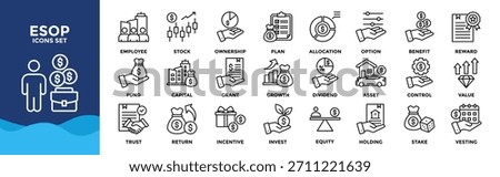 ESOP icon set collection. pack contain ownership, shares, equity, stock, plan, option, benefit, allocation, dividend, vesting icon