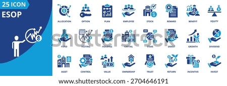 esop icon set collection in solid glyph dual color style. pack contain ownership, shares, equity, stock, plan, option, benefit, allocation, dividend, vesting icon