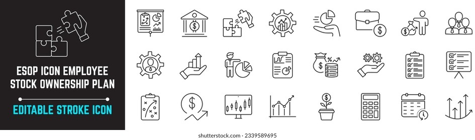 ESOP icon set, employee stock ownership plan editable stroke icon, ESOP plan pack symbol vector line icon. Icon includes stock sharing, puzzle, ownership, employee, plan, and stock market