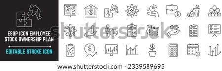 ESOP icon set, employee stock ownership plan editable stroke icon, ESOP plan pack symbol vector line icon. Icon includes stock sharing, puzzle, ownership, employee, plan, and stock market Foto stock © 