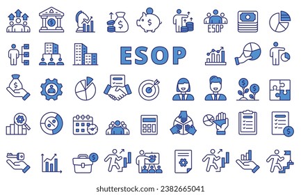 Juego de iconos ESOP en azul de diseño de línea. Empleado, Propiedad, Acciones, Plan, icono, Empresa, Inversión, ilustraciones vectoriales. Iconos de trazo editables. 