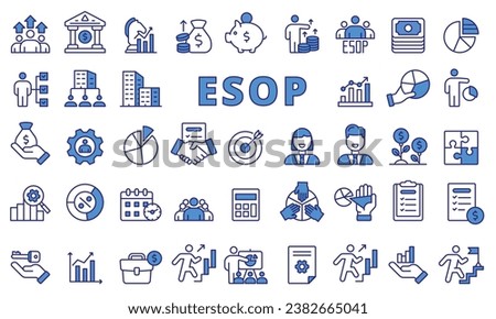 ESOP icon set in line design blue. Employee, Ownership, Stock, Plan, icon, Business, Investment, vector illustrations. Editable stroke icons. 