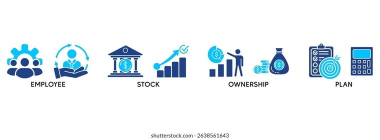 Esop icon set vector illustration concept relate to employee stock ownership plan with icon of management, bank, graph, fund, investment and statistics