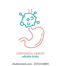 Esophageal cancer. Adenocarcinoma. Oncology linear pictogram. Interdisciplinary medical specialty symbol. Cancer icon, sign in outline style. Editable vector illustration isolated on white background